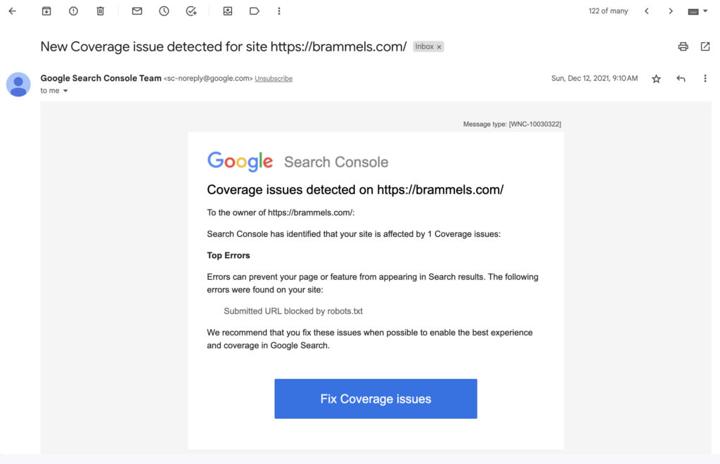 New Coverage issue detected email