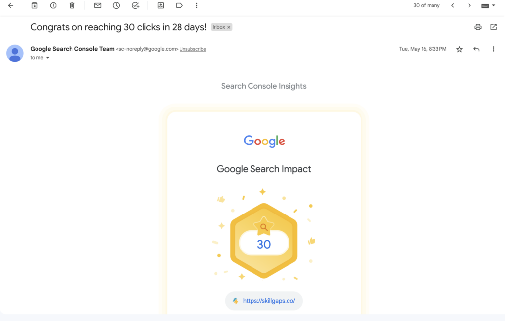 congrats on reaching 30 clicks search console