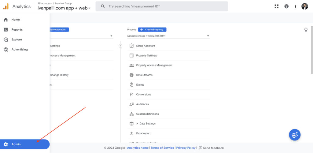 go to admin settings in google analytics 4