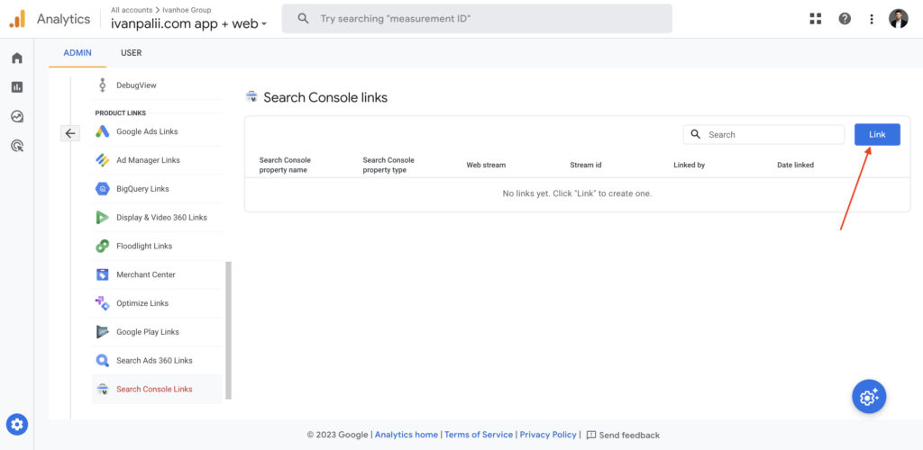 google search console links button in ga4