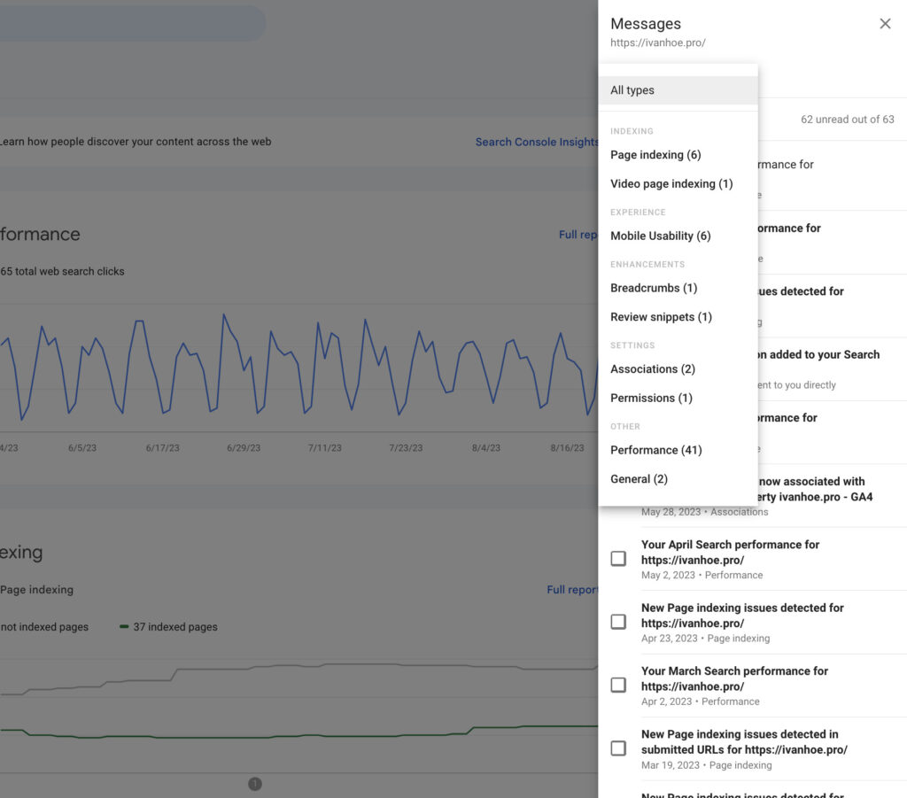 google search console messages types