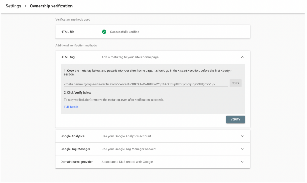 html tag verification method in search console