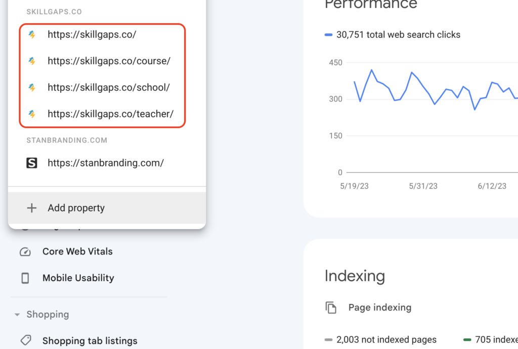 many properties of the same domain name in search console