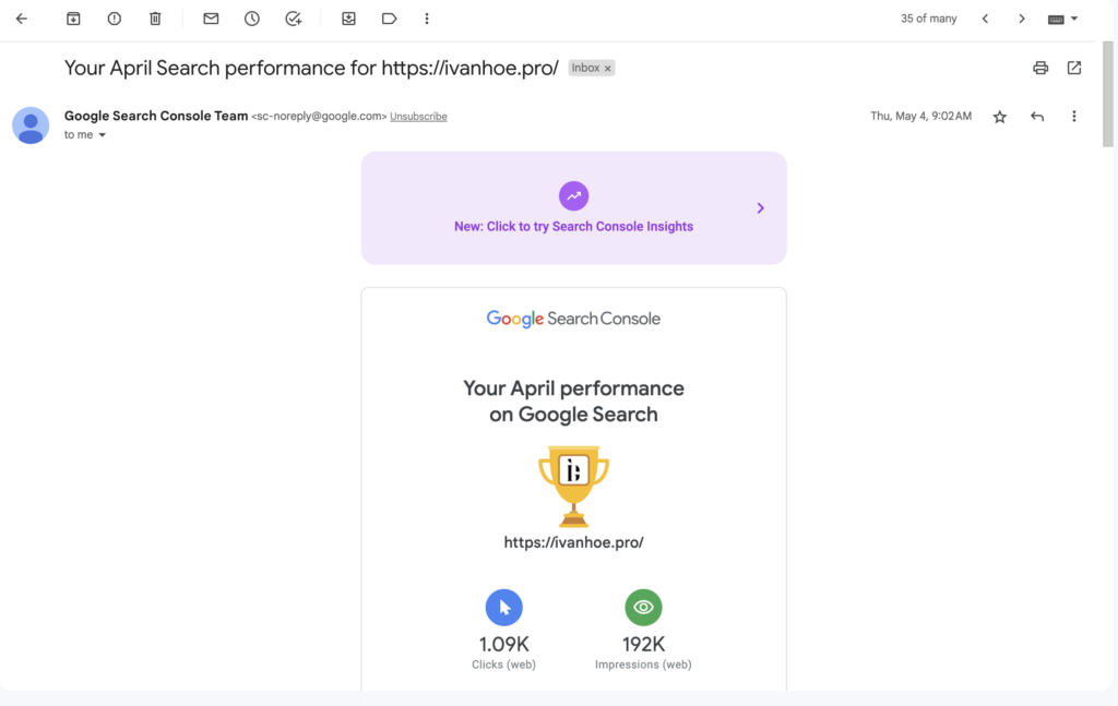monthly search performance email in search console