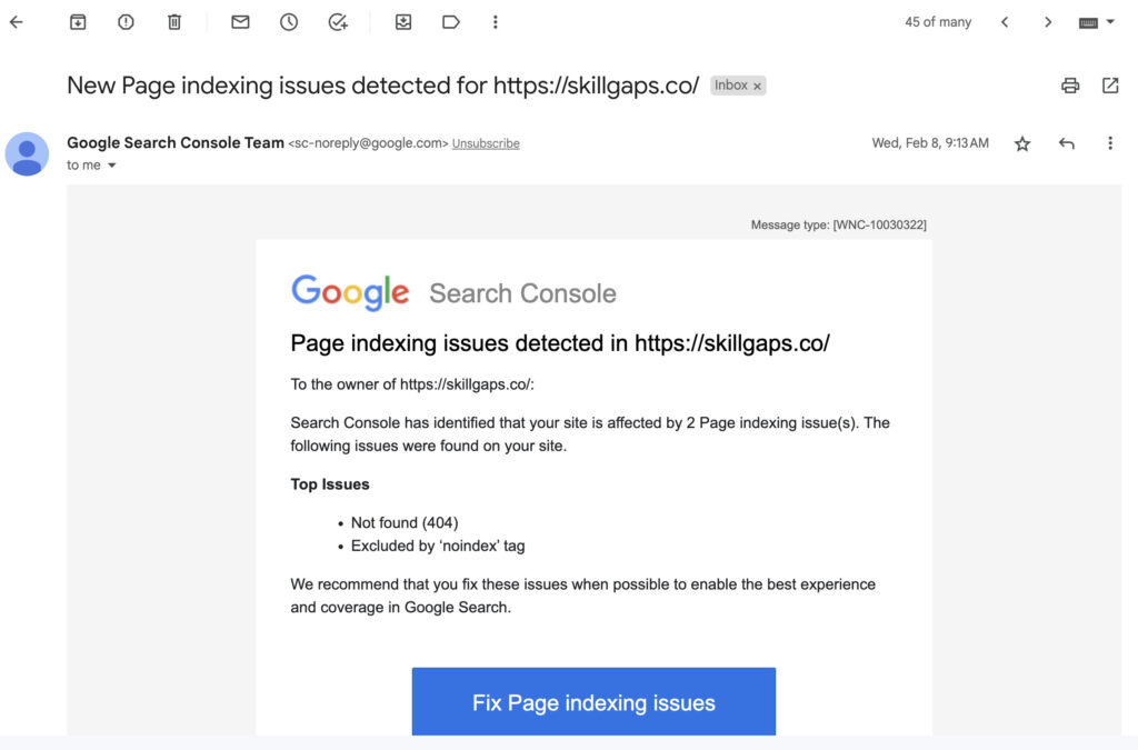 new page indexing issues detected