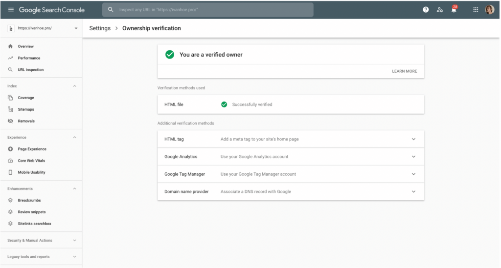 ownership verification property settings in gsc