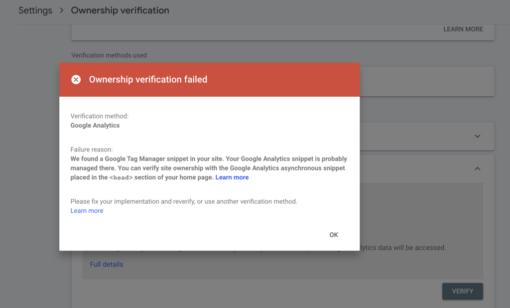 search console ownership verification failed via google analytics 4
