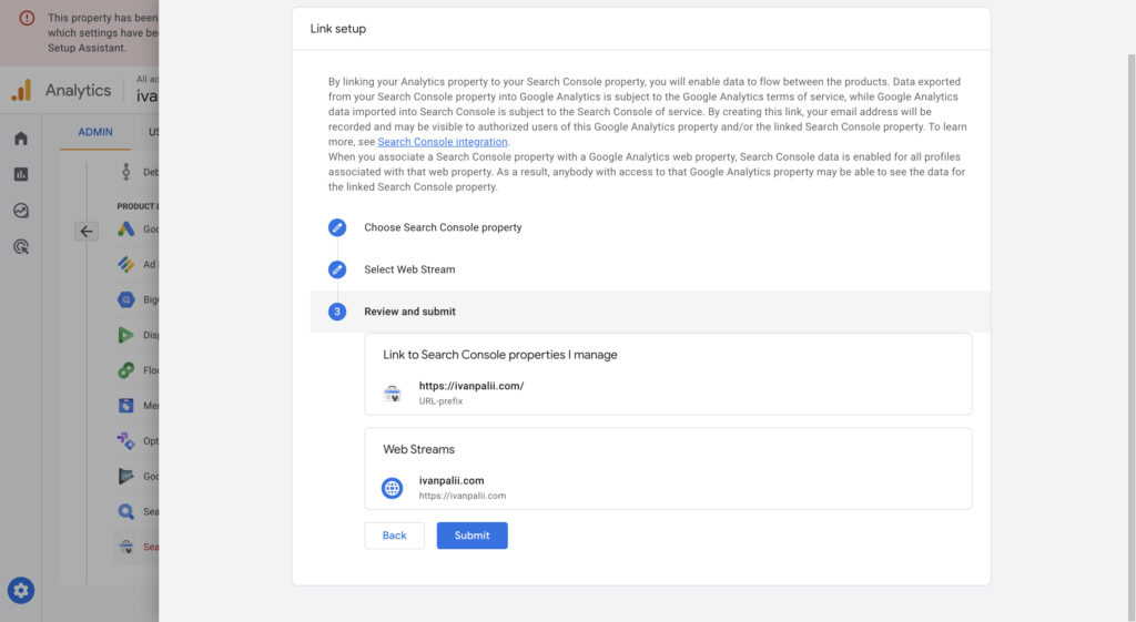 submit linking search console to ga4