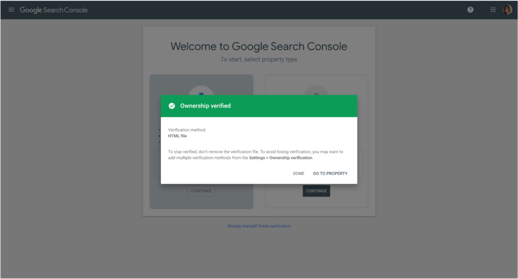 successful verification in gsc via html file