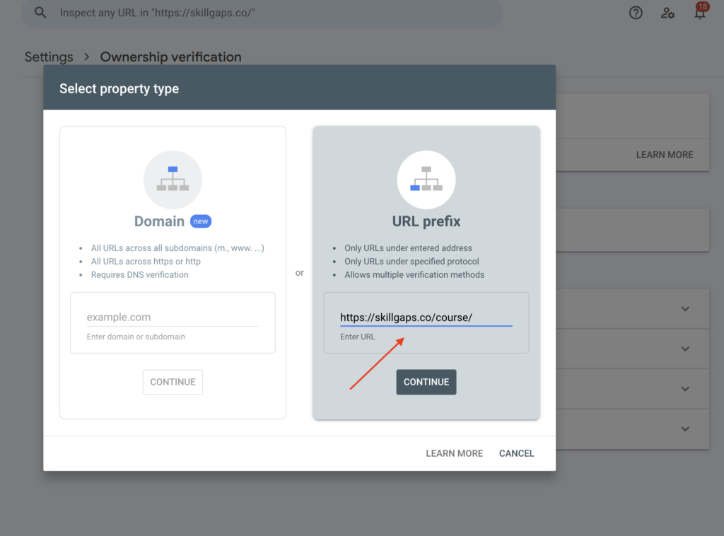 verify domain with subfolder in search console