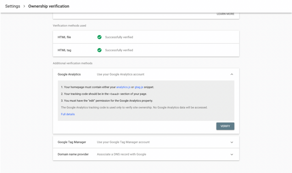 verify search console property via google analytics 4