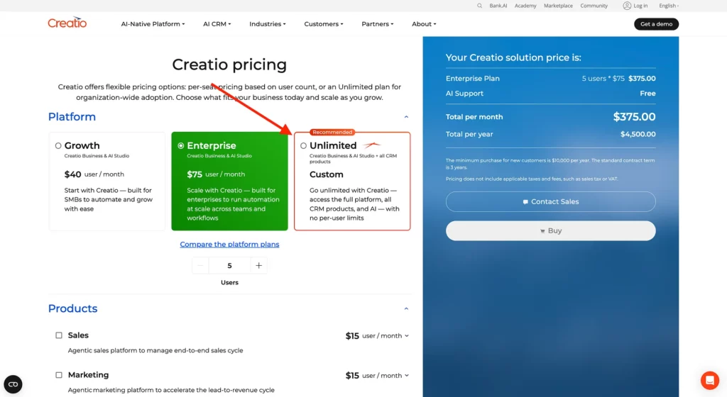 creatio ai crm pricing page